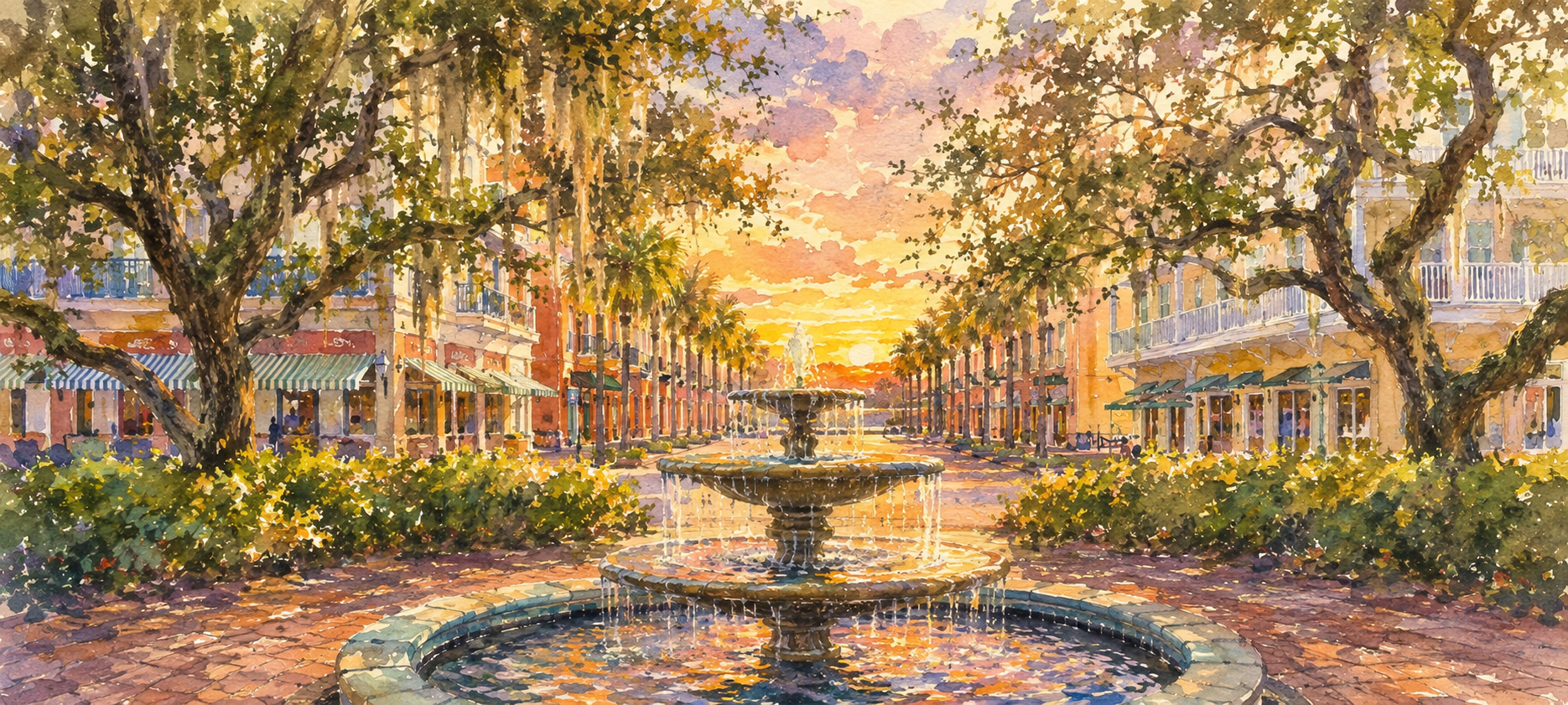 Watercolor illustration of the Market Street fountain, Celebration, Florida