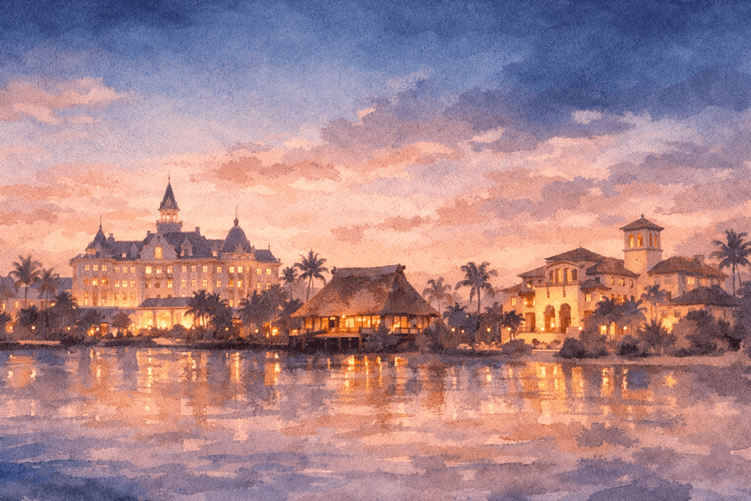 Watercolor illustration of luxury resort skyline at dusk